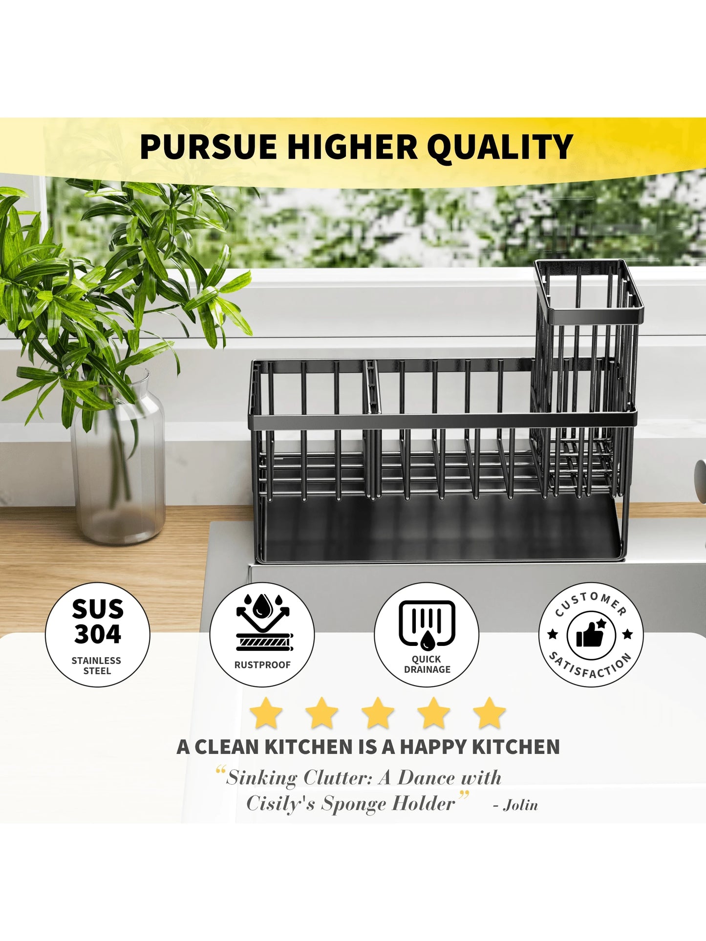Cisily Kitchen Item Sink Caddy Kitchen Organizer, Sponge Holder for Kitchen Sink, Drain on an Incline Kitchen Sink Organizer,Rust-Resistant Metal Black Sink Caddy,Sink Caddy with Brush Holder