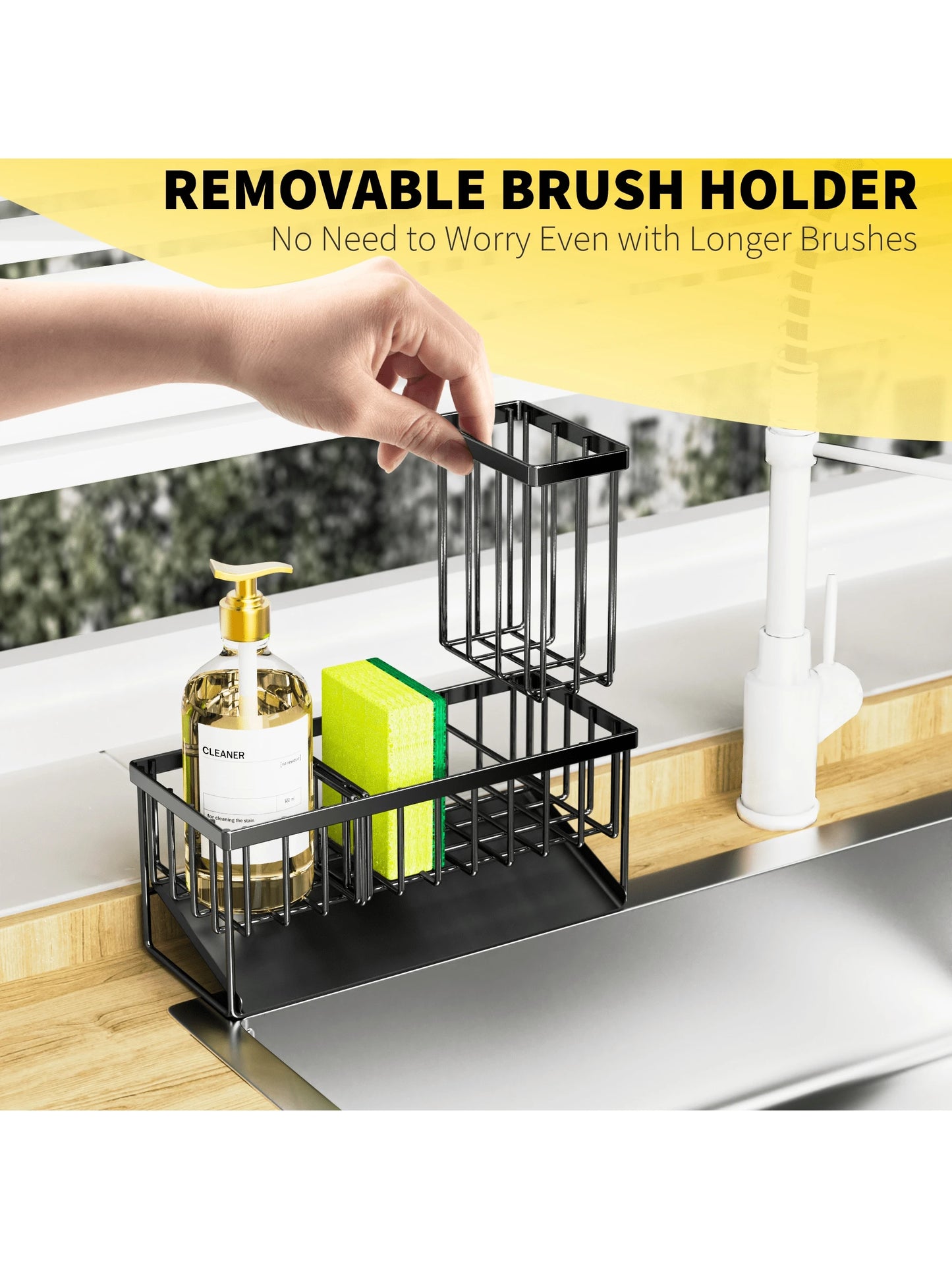 Cisily Kitchen Item Sink Caddy Kitchen Organizer, Sponge Holder for Kitchen Sink, Drain on an Incline Kitchen Sink Organizer,Rust-Resistant Metal Black Sink Caddy,Sink Caddy with Brush Holder