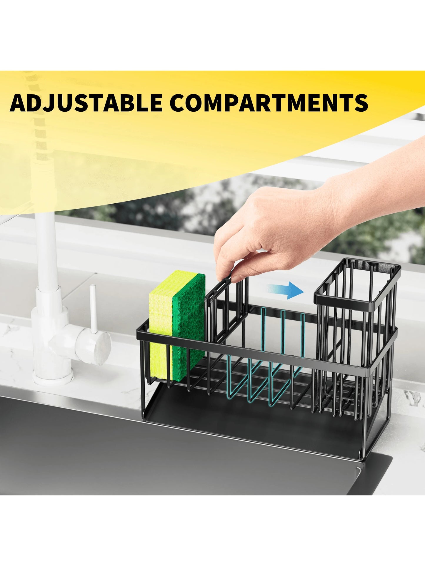 Cisily Kitchen Item Sink Caddy Kitchen Organizer, Sponge Holder for Kitchen Sink, Drain on an Incline Kitchen Sink Organizer,Rust-Resistant Metal Black Sink Caddy,Sink Caddy with Brush Holder