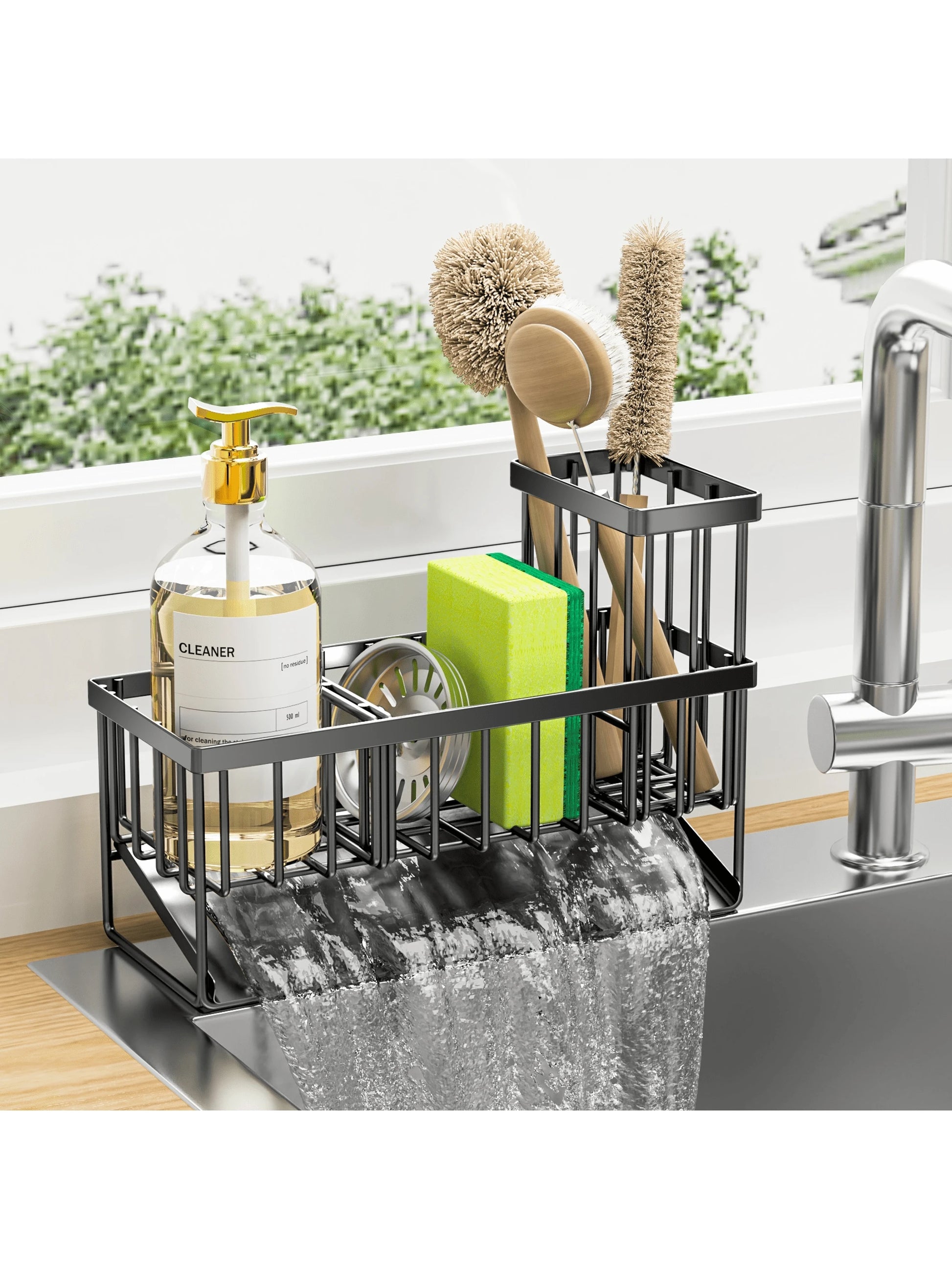 Cisily Kitchen Item Sink Caddy Kitchen Organizer, Sponge Holder for Kitchen Sink, Drain on an Incline Kitchen Sink Organizer,Rust-Resistant Metal Black Sink Caddy,Sink Caddy with Brush Holder