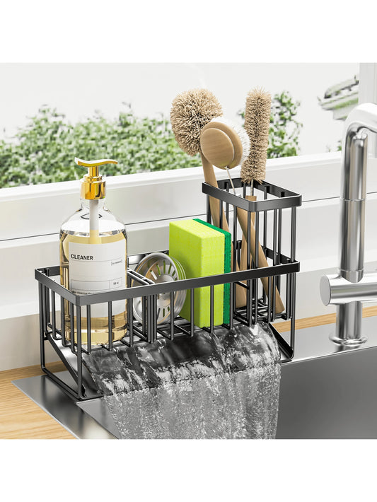 Cisily Kitchen Item Sink Caddy Kitchen Organizer, Sponge Holder for Kitchen Sink, Drain on an Incline Kitchen Sink Organizer,Rust-Resistant Metal Black Sink Caddy,Sink Caddy with Brush Holder