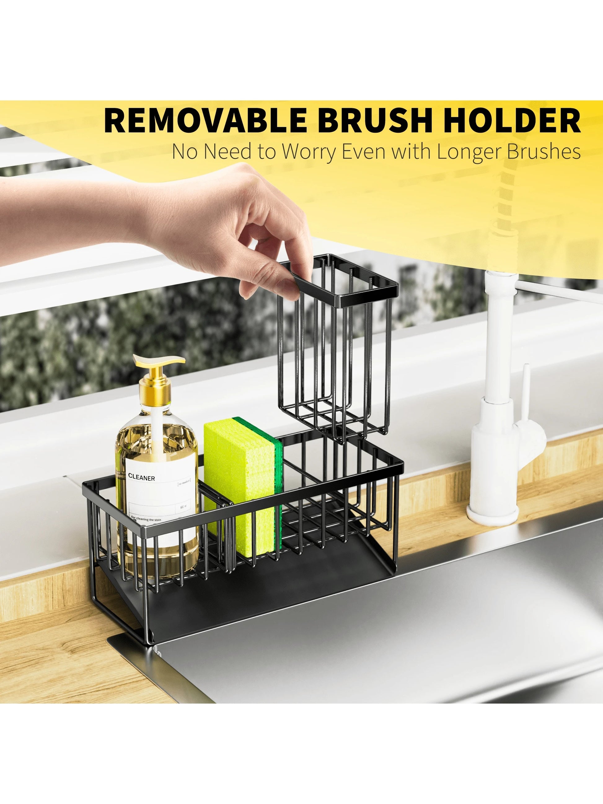 Cisily Kitchen Item Sink Caddy Kitchen Organizer, Sponge Holder for Kitchen Sink, Drain on an Incline Kitchen Sink Organizer,Rust-Resistant Metal Black Sink Caddy,Sink Caddy with Brush Holder