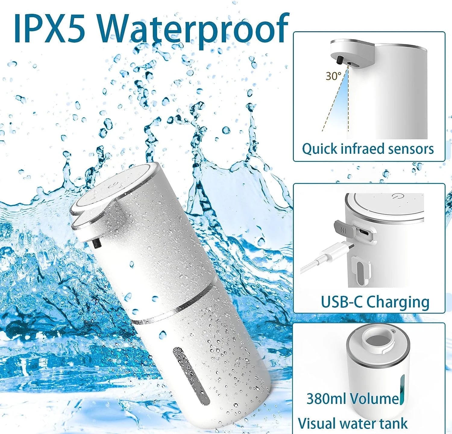 Automatic Liquid Soap Dispenser, 380ML USB Rechargeable Touchless Dispenser Electric Wall Mounted 4 Levels Adjustable Liquid Soap Dispenser Pump for Bathroom Kitchen Dish Soap